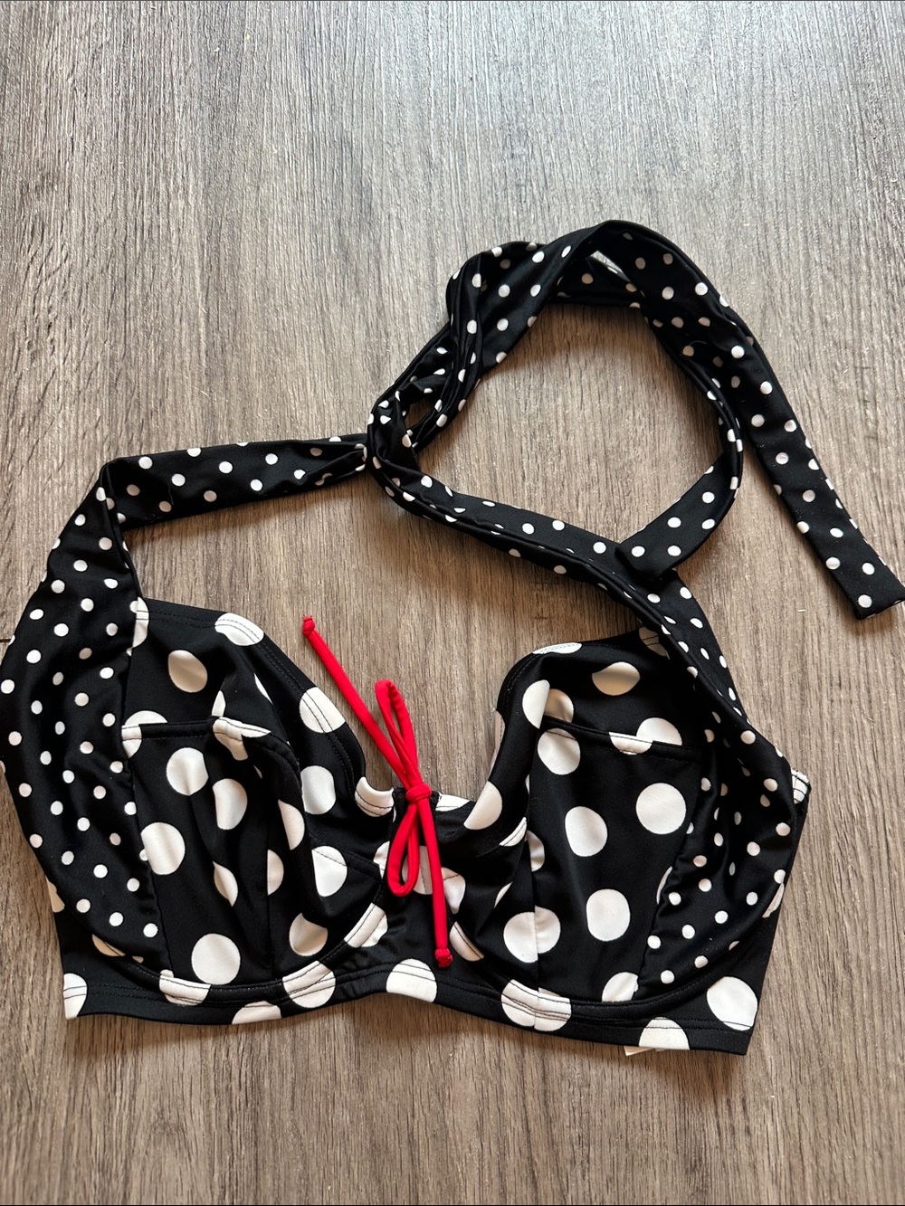 Black Polka Dot Halter Bikini Top with Red Tie